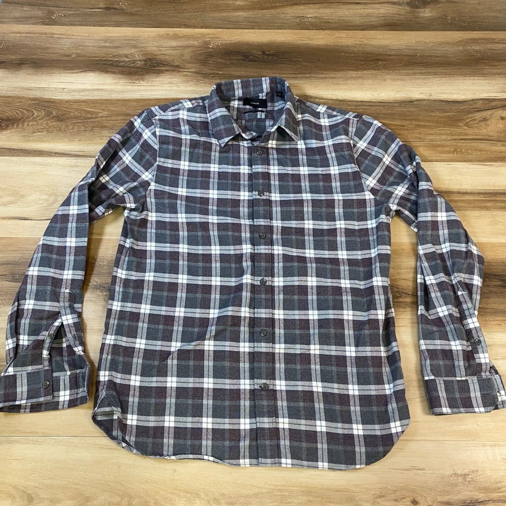 Vince Flannel Shirt Mens‎ Large Button Up Classic Fit Plaid Grey Burgundy Casual